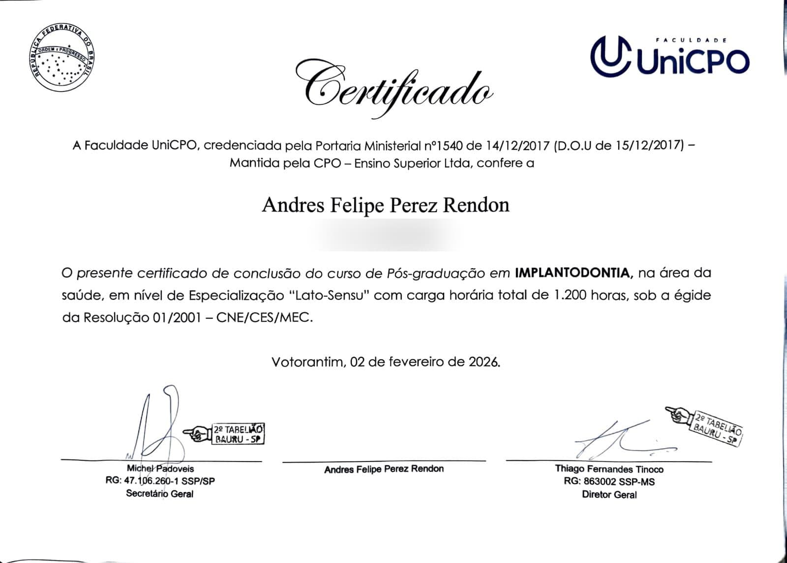 Certificado: Especialización en Implantología · UniCPO (Brasil)